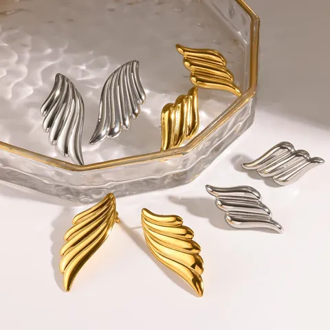 Niche Design Angel Wing Stainless Steel Stud Earrings For Women 18K Gold Plated Textured Metallic Feather Earrings Jewelry