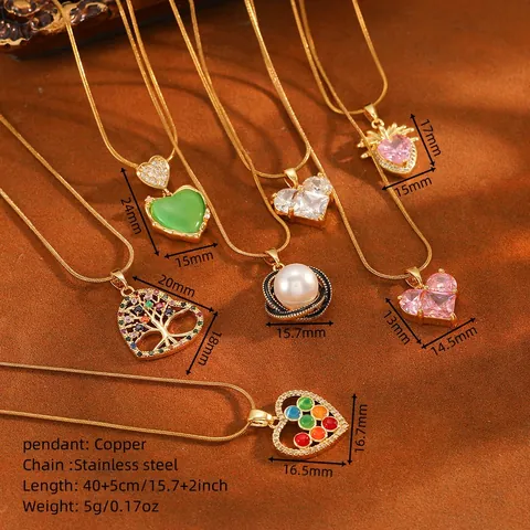 French Vintage Stainless Steel Copper Heart Pendant Necklace For Women Gold Silver Rhinestone Artificial Pearl Snake Chain Choker Jewelry