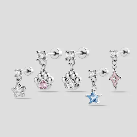 Pendientes de Botón Helix Piercing de Aleación de Titanio con Forma de Pata de Gato y Estrella para Mujer Joyería con Strass Pieza Única