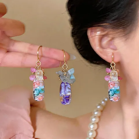 Neo-Chinese Style Resin Flower Drop Earrings With Natural Stone Real Dried Flowers Elegant Water Drop Ear Hooks For Women Handmade Jewelry