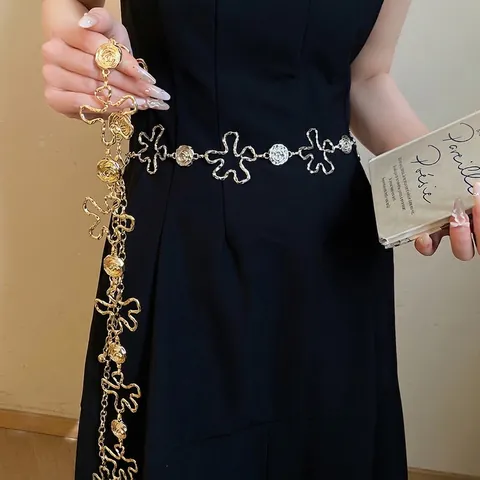 Vintage Legierung Durchbrochene Blumen Taillekette Für Damen Luxus Rose Geprägte Metallgliedergürtel Verstellbare Elegante Kleideraccessoires