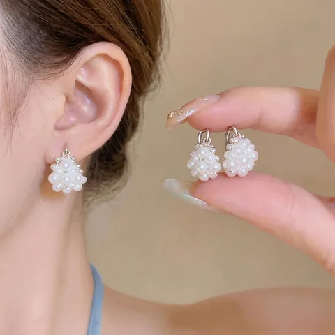 French Elegant High-End Artificial Pearl Flower Basket Stud Earrings For Women Silver Plated Hoop Clip Earring Jewelry