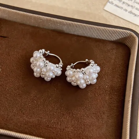 French Elegant High-End Artificial Pearl Flower Basket Stud Earrings For Women Silver Plated Hoop Clip Earring Jewelry