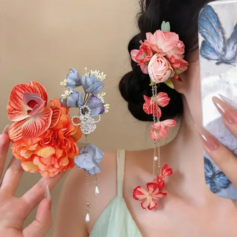 Handgefertigte Stoff Blume Haarspange Elegante Entenschnabel-Clip Mode Floral Haar Accessoire Mit Quaste Und Künstliche Perle Für Damen