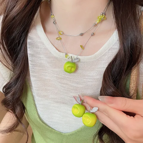 Mori Stil Grüner Apfel Perlen Anhänger Halskette Ohrringe Haarklammer Taschenanhänger Für Damen Frisch Harz Frucht Zirkonia Schmuck Zubehör