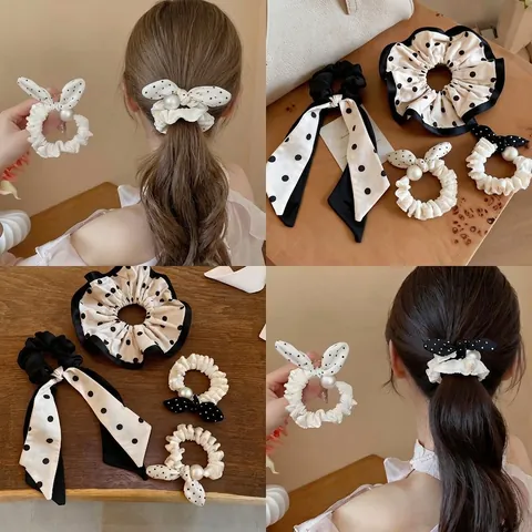 Sweet Polka Dot Bow Hair Tie With Artificial Pearl Cloth Ruffle Scrunchies French Style Fashion Hair Accessories For Women