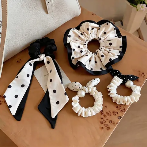 Sweet Polka Dot Bow Hair Tie With Artificial Pearl Cloth Ruffle Scrunchies French Style Fashion Hair Accessories For Women