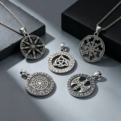 Vintage Stainless Steel Viking Rune Pendant Antique Silver Nordic Celtic Knot Slavic Sun Wheel Mythology Mythology Jewelry Accessory For Men Women