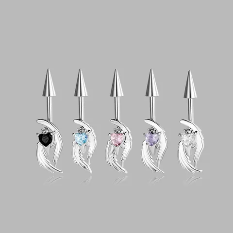 Titanium Alloy Internally Threaded Angel Wings Heart Rhinestone Piercing Stud Earring Niche Sweet Cool Body Jewelry For Women