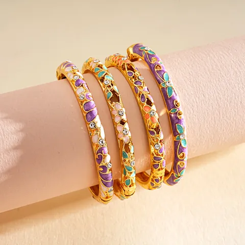 Vintage Europäischer Emaille Blumen Armreif Für Damen Vergoldetes Harz Strass Scharnier Rundes Armband Mode Schmuck