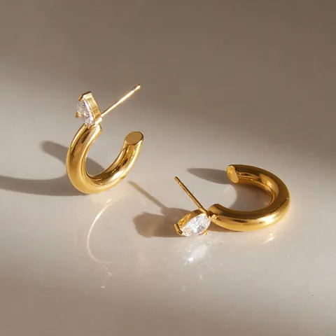 Fashion Gold Plated Stainless Steel C-Shaped Stud Earrings For Women Pear Cut Zirconia Minimalist Geometric Jewelry Gift