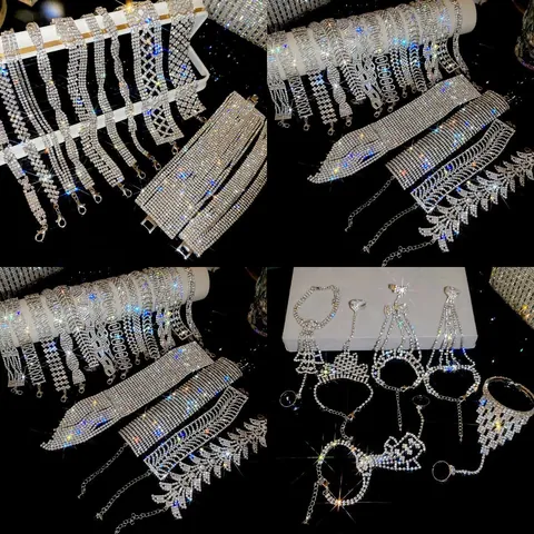 Luxury Copper Rhinestone Hand Chain Bracelet For Women Shiny Crystal Ring-Linked Bracelet Wedding Party Jewelry Gift