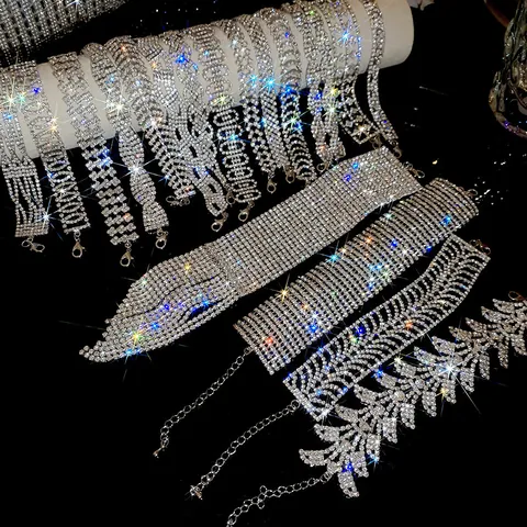 Luxury Copper Rhinestone Hand Chain Bracelet For Women Shiny Crystal Ring-Linked Bracelet Wedding Party Jewelry Gift