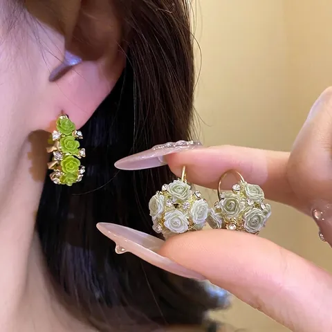 Elegant Resin Flower Basket Earrings Alloy Rhinestone Floral Huggie Earrings For Women Fresh Sweet French Style Jewelry Gift