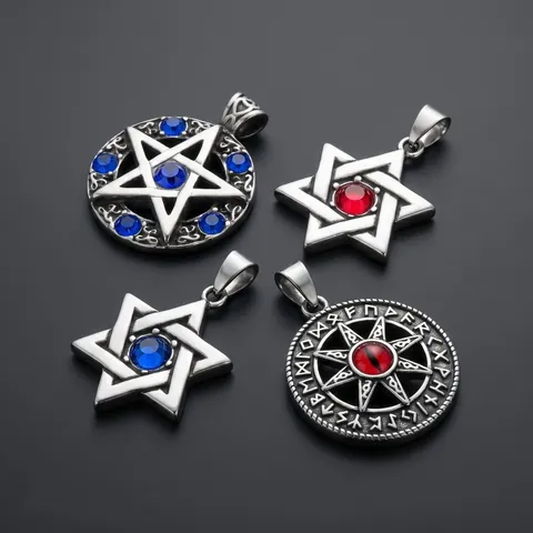Viking Rune Sun Pendant Hexagram Pentagram Stainless Steel Men Retro Rhinestone Inlaid Jewelry Charm No Chain