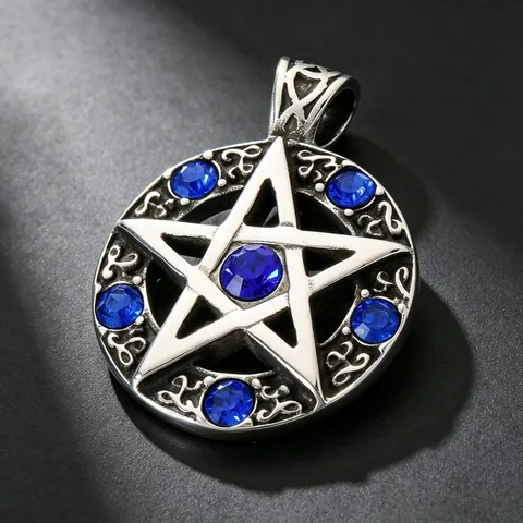 Viking Rune Sun Pendant Hexagram Pentagram Stainless Steel Men Retro Rhinestone Inlaid Jewelry Charm No Chain