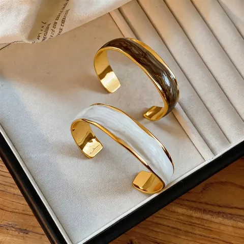 Westlicher Wellenstreifen Emaille Armreif Luxus Vergoldet Kupfer Zirkonia Geometrische Manschette Für Damen Schmuck