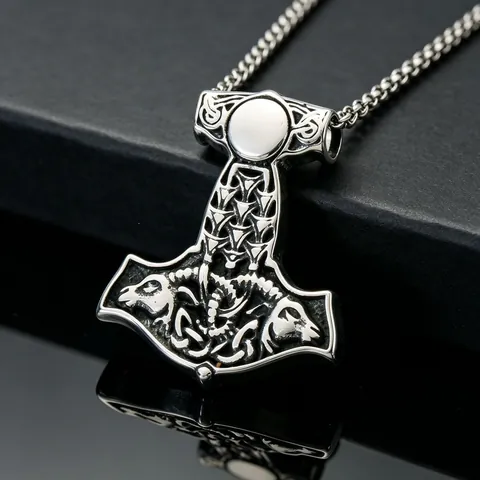 Viking Thor Hammer Pendant Stainless Steel Men Necklace Retro Mythology Mjolnir Celtic Knot Nordic Totem Mysterious Style Jewelry