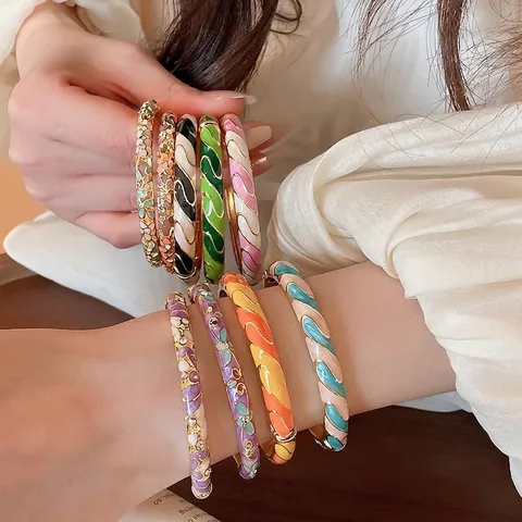 Braccialetto Rigido in Smalto Floreale Dorato in Stile Cinese Elegante Bracciale a Cerniera in Lega con Strass per Donna Gioielli