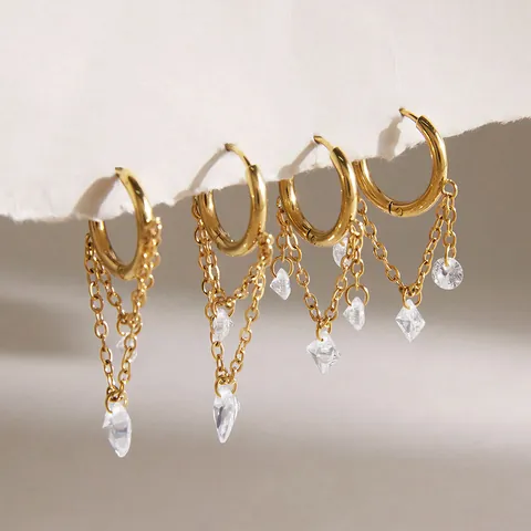 Stainless Steel 18K Gold Plated Zirconia Tassel Drop Hoop Earrings For Women Luxury Minimalist Geometric Jewelry Gift