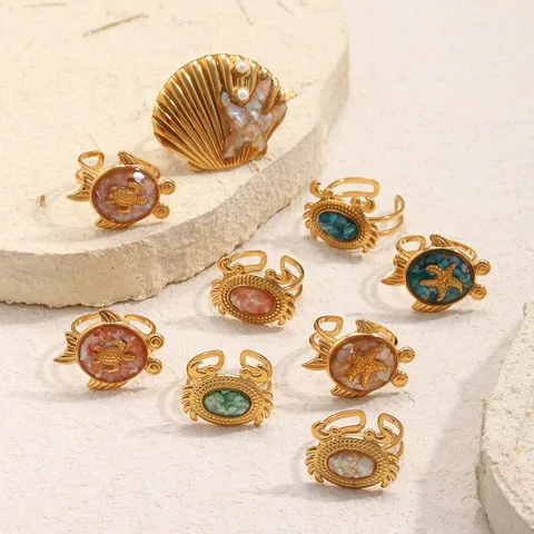 Stainless Steel Ocean Resort Style Adjustable Open Ring For Women Gold Plated Enamel Scallop Crab Turtle Starfish Jewelry