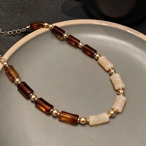 Maillard Style Acrylic Chain Necklace For Women Vintage Geometric Marble Texture Alloy Beads Minimalist Collar Necklace Fashion Jewelry