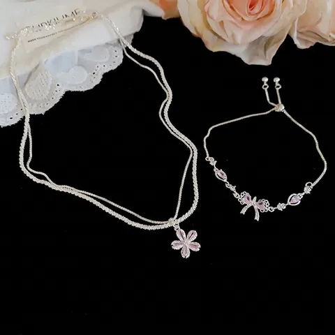 Sweet Pink Zirconia Flower Bowknot Pendant Necklace Bracelet Set For Women Girly Sparkling Silver Plated Copper Jewelry Gift
