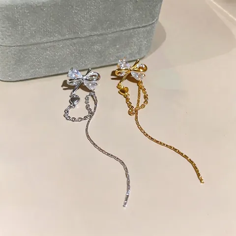 Butterfly Tassel Ear Bone Clip Copper Zirconia Heart Pendant Long Chain Fringe Gold Silver Plated Non-Pierced Earrings Women Jewelry
