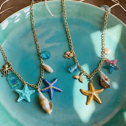 Strandvakantie Zeester Visstaart Hanger Ketting Vrouwen Luxe Oceaan Hars Glas Schelp IJzer Choker Zomer Sieraden