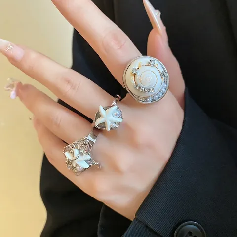 Anello Aperto Bohemien in Lega Conchiglia Stella Marina Con Perla Artificiale Strass Tema Oceano Regolabile Gioielli da Dito per Donna Regalo Vacanza
