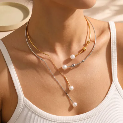 Stainless Steel Artificial Pearl Choker Necklace Geometric Gold Silver Metal Tassel Pendant Choker Fashion Jewelry For Women