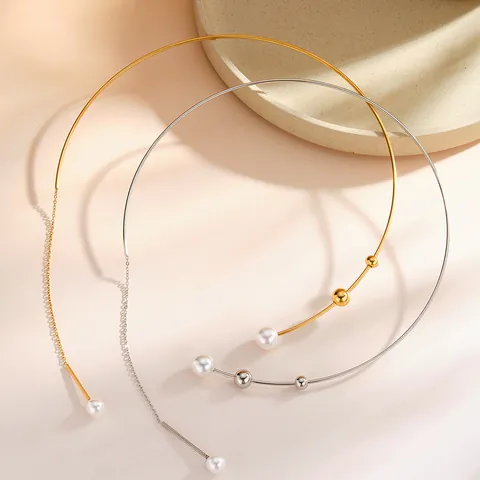Stainless Steel Artificial Pearl Choker Necklace Geometric Gold Silver Metal Tassel Pendant Choker Fashion Jewelry For Women