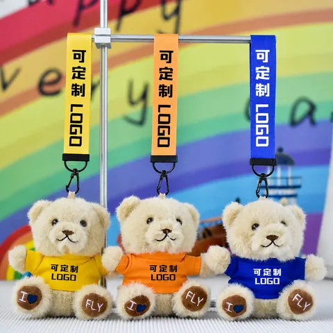 Cute Mini Teddy Bear Plush Toy Keychain Pendant With Embroidered I FLY Feet Soft Short Plush Bear Doll For Bag Graduation Gift