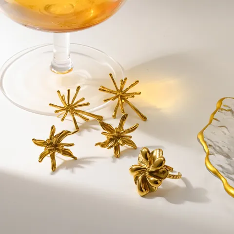 Conjunto de Joyas de Acero Inoxidable con Diseño de Fuegos Artificiales para Mujer Pendientes y Anillo Chapados en Oro Accesorio de Lujo