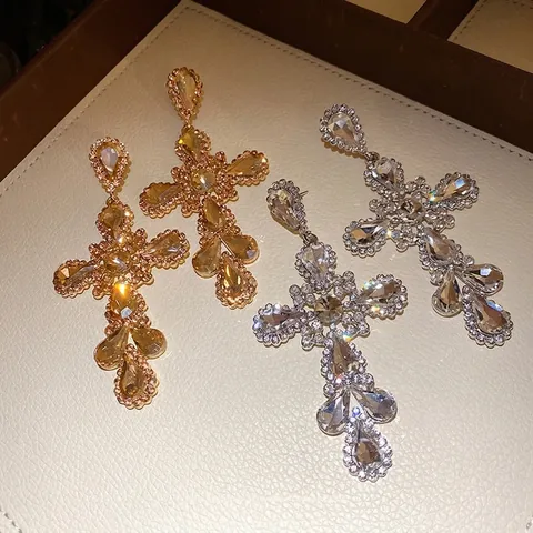 Luxury Alloy Rhinestone Cross Water Drop Pendant Earrings European Fashion Large Statement Earrings for Women Jewelry