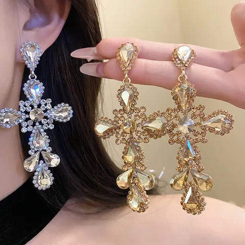 Luxury Alloy Rhinestone Cross Water Drop Pendant Earrings European Fashion Large Statement Earrings for Women Jewelry
