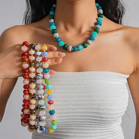 Acrylic Marbling Round Bead Necklace Dopamine Style Minimalist Choker Colorful Jewelry Accessory For Women