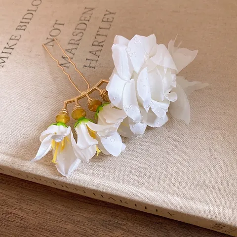 Fresh Sweet Fabric Flower Hair Stick Ancient Style White Rose Hair Fork Elegant Cheongsam Accessory For Women Vacation Wedding