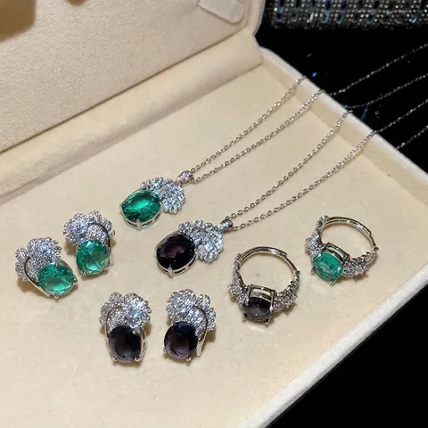 Set Gioielli in Rame Vintage Zirconia Piuma Ovale per Donna Placcato Argento Verde Viola Collana Pendente Anello Orecchini
