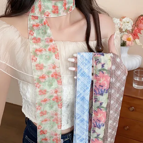 Collar de Bufanda con Estampado de Cuadros y Flores Estilo Coreano Diseño de Nicho Dulce Accesorio de Cuello de Moda Bufanda Larga y Ligera para Mujer Joyería