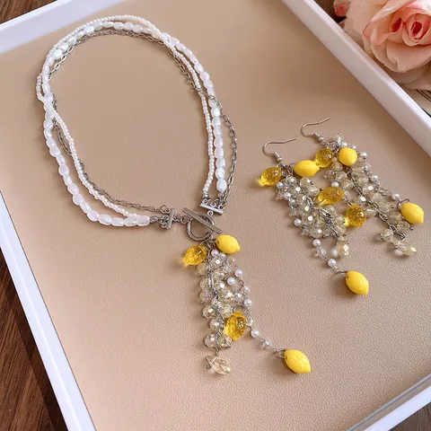 Collana e Orecchini Vintage in Resina con Limone e Perle Artificiali Girocollo con Fibbia OT Gioielli Estivi per Donna