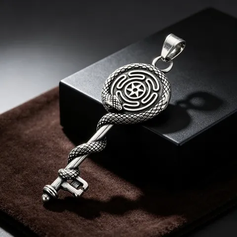 Collar con Colgante de Llave Rune Envuelto en Serpiente Gótica para Hombre Acero Inoxidable Plata Antigua Dark Retro Laberinto Cruz Joyería