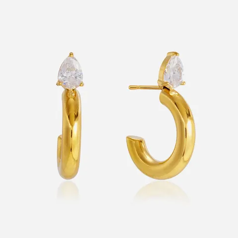 Fashion Gold Plated Stainless Steel C-Shaped Stud Earrings For Women Pear Cut Zirconia Minimalist Geometric Jewelry Gift
