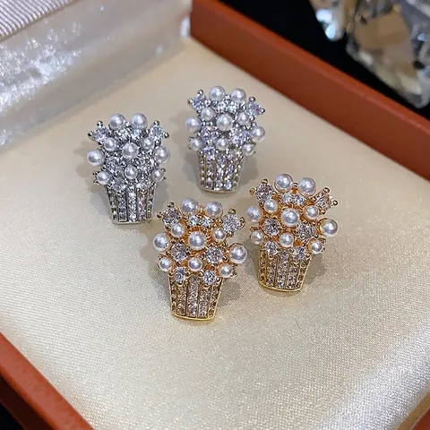18K Gold Plated 925 Sterling Silver Post Flower Basket Stud Earrings For Women Artificial Pearl Rhinestone Inlaid Earrings Jewelry