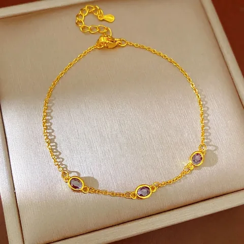 Minimalist Gold Plated Copper Bracelet For Women Purple Geometric Zirconia Inlaid Oval Rhombus Charm Link Chain Jewelry