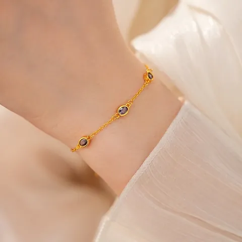 Minimalist Gold Plated Copper Bracelet For Women Purple Geometric Zirconia Inlaid Oval Rhombus Charm Link Chain Jewelry