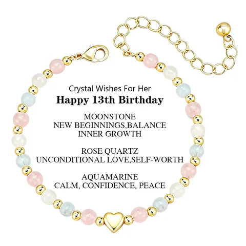 Bracelet en Perles Cœur en Acier Inoxydable Quartz Rose Aigue-marine Pierre de Lune Bijoux Cadeau Anniversaire Femme