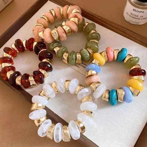 Bracelet de Perles Rondes en Acrylique Lavis Vintage pour Femmes Design Rétro Luxe Léger Bijoux Coréens Doux Jonc
