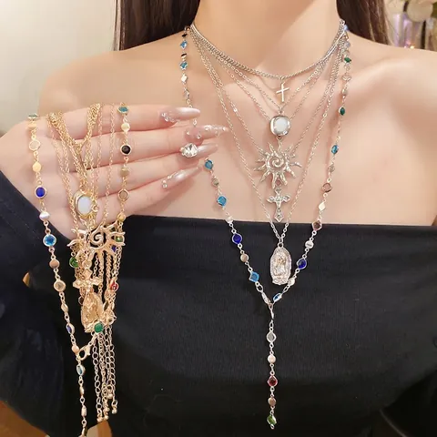 Multilayer Alloy Cross Sun Portrait Pendant Necklace For Women Retro Bohemian Gold Silver Rhinestone Artificial Pearl Coin Neck Jewelry