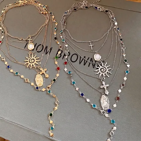 Multilayer Alloy Cross Sun Portrait Pendant Necklace For Women Retro Bohemian Gold Silver Rhinestone Artificial Pearl Coin Neck Jewelry